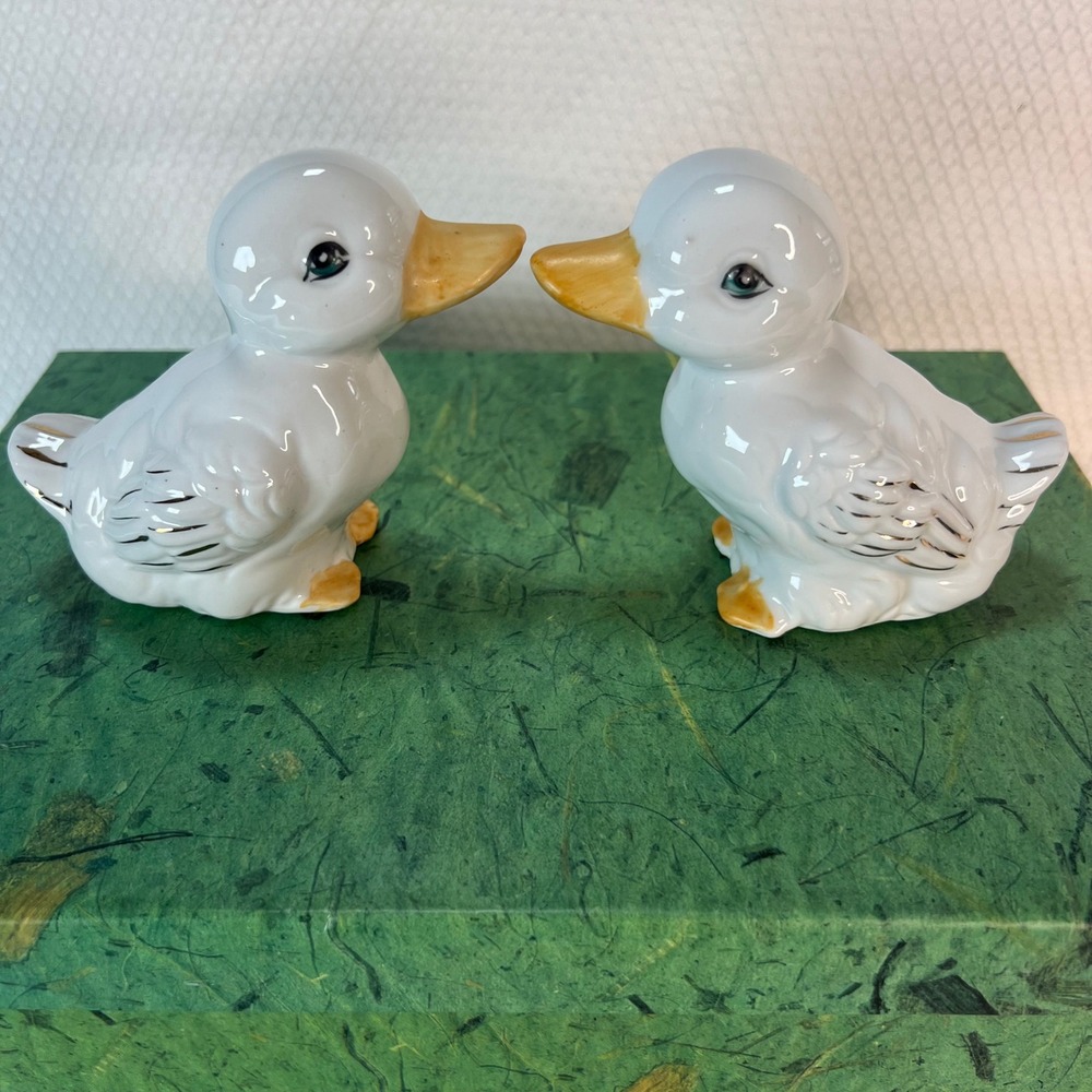 Vintage White Ceramic Duckling Figurines Set of 2 Gold Accents Made in China 3"